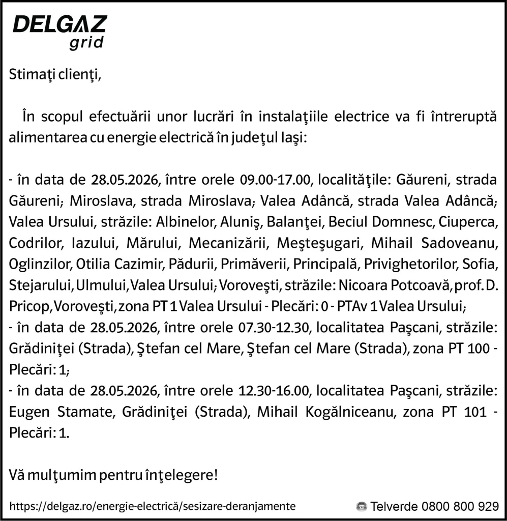 Anunț Delgaz Grid 26 mai 2026 / 3