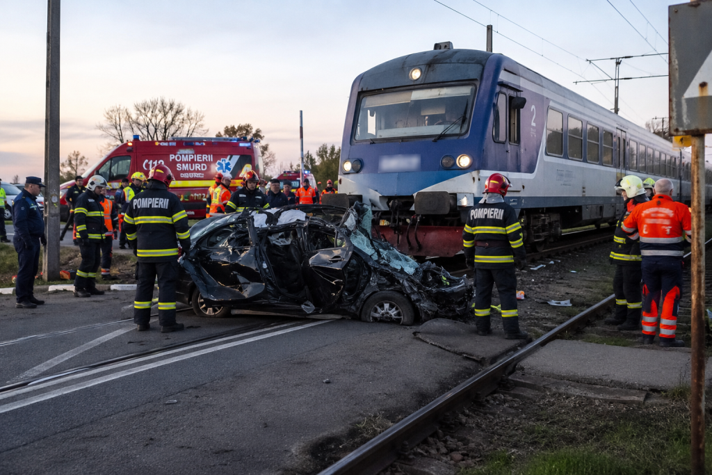 Accident feroviar tragic .  Două persoane au murit după impactul dintre un tren și un autoturism
