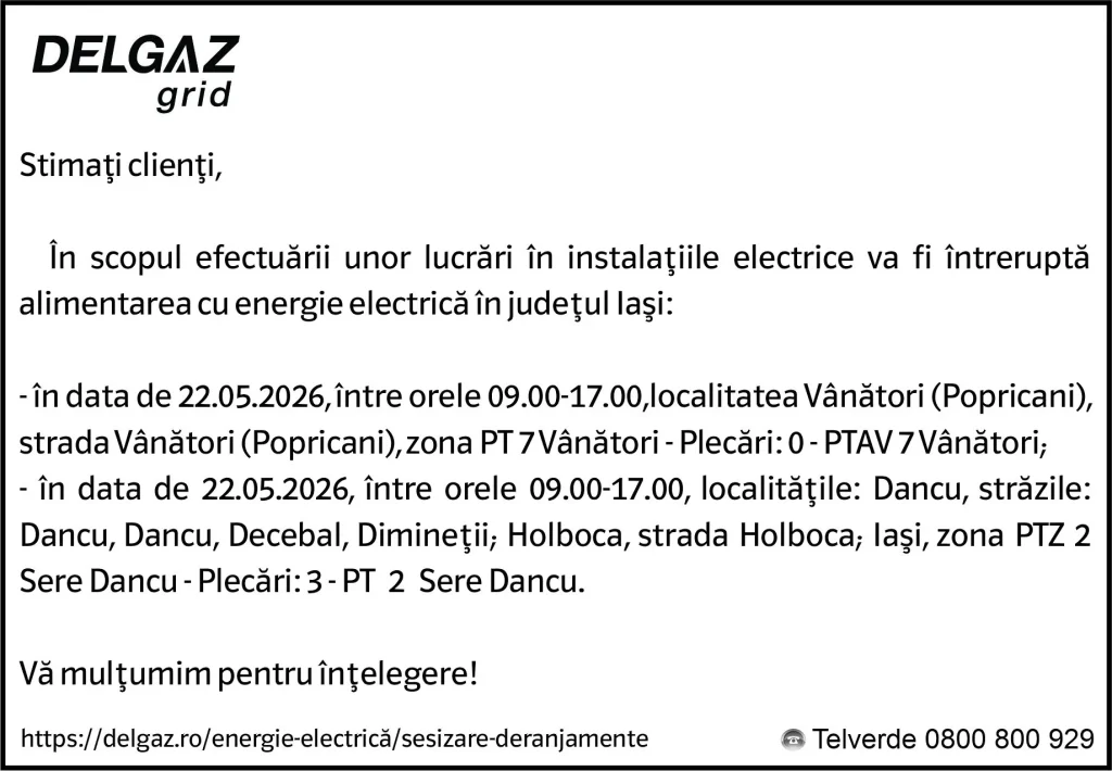 Anunț Delgaz Grid 20 mai 2026 / 2