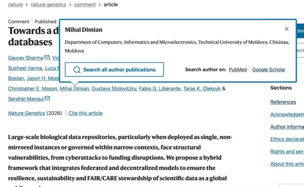 Ministrul Mihai Dimian co-semnează un comentariu în Nature Genetics, referitor la bazele de date pentru știință deschisă / Reputata publicație i-a greșit afilierea: El figurează ca reprezentant al Universității Tehnice a Moldovei, care nu apare în CV-ul o