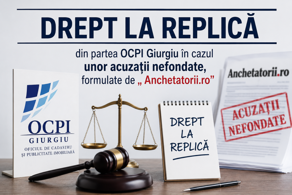 DREPT LA REPLICĂ din partea OCPI Giurgiu în cazul unor acuzații nefondate, formulate de „ Anchetatorii.ro”