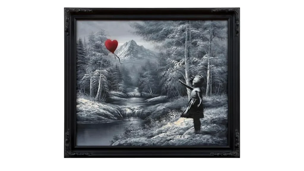 „Fata cu balon pe un peisaj găsit” a lui Banksy s-ar putea vinde cu 15 milioane de euro / Ar putea deveni una dintre cele mai scumpe lucrări ale artistului