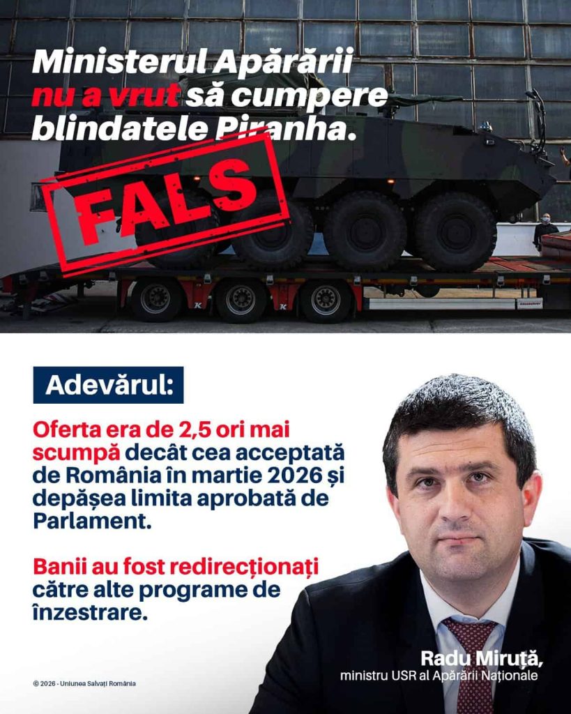 USR explodează scandalul Piranha: „Ni s-au cerut 10 milioane pe blindate cumpărate cu 4 milioane!”