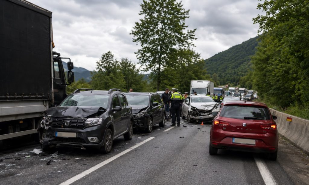 Carambol de proporții pe Valea Oltului: 5 mașini s-au izbit violent la Râul Vadului! Traficul a fost complet blocat, sunt victime