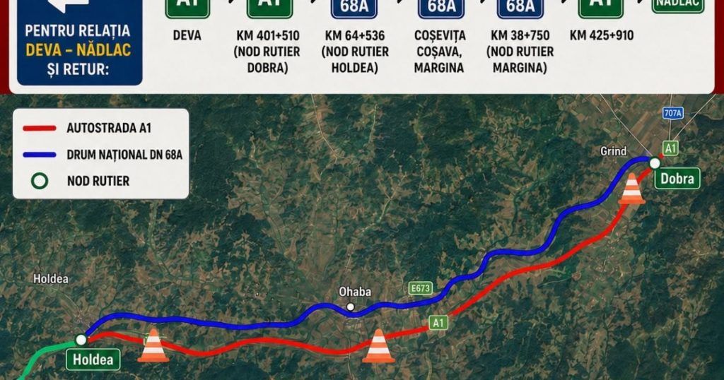 Trafic deviat de pe Autostrada A1 intre Dobra si Holdea, in perioada 17–19 iunie 2026