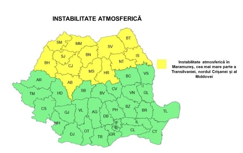 Cod galben de instabilitate atmosferică în mai multe regiuni ale țării. Sunt anunțate vijelii, grindină și ploi torențiale