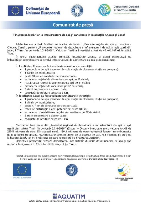 Finalizarea lucrărilor la infrastructura de apă și canalizare în Checea și Cenei