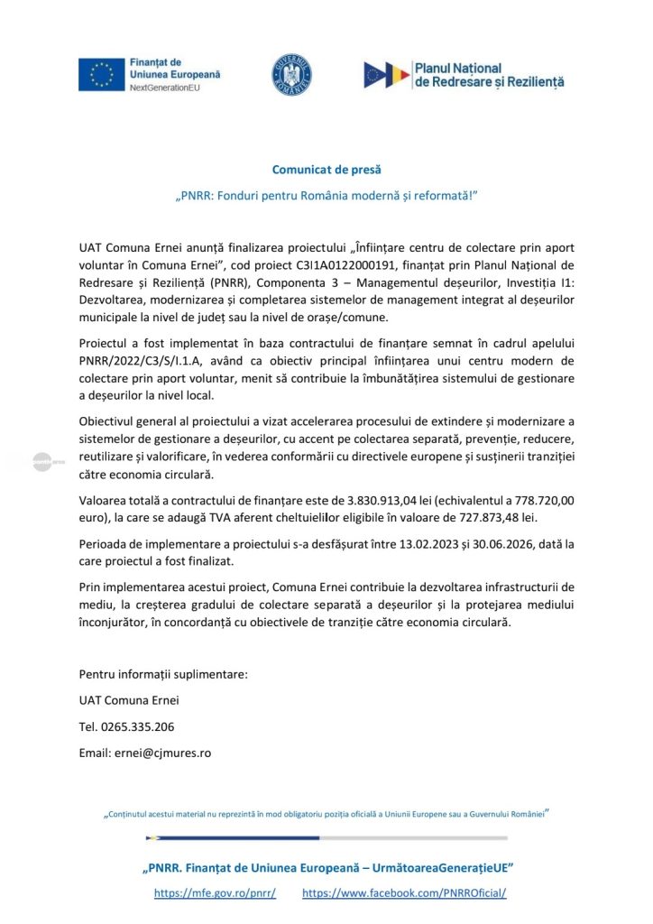 Comunicat de presă comuna Ernei: „PNRR: Fonduri pentru România modernă și reformată!”