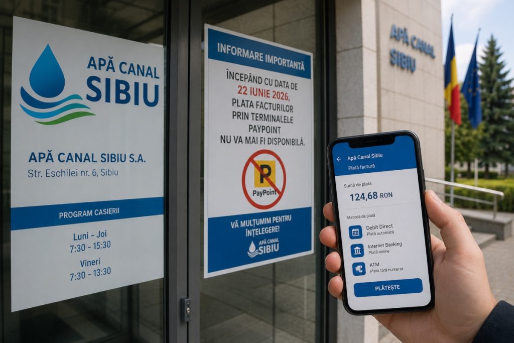 Schimbare majoră pentru clienții Apă Canal Sibiu! Facturile nu mai pot fi plătite prin PayPoint de astăzi. Ce alternative fără comision ai la dispoziție