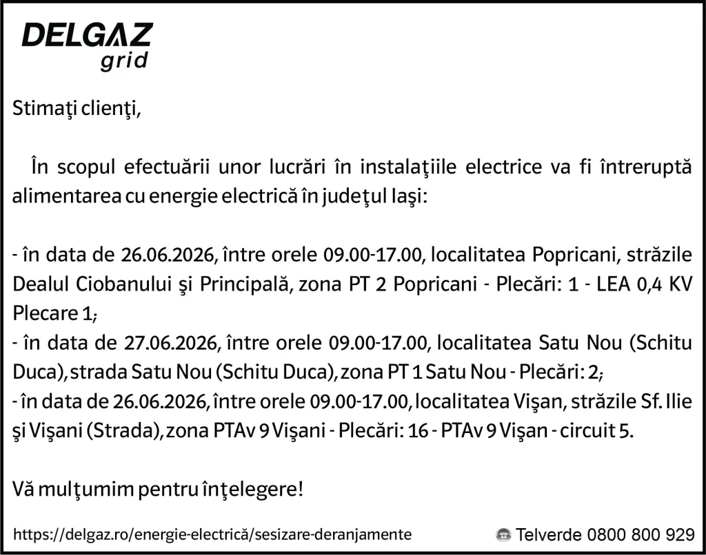 Anunț Delgaz Grid 24 iunie 2026 / 2