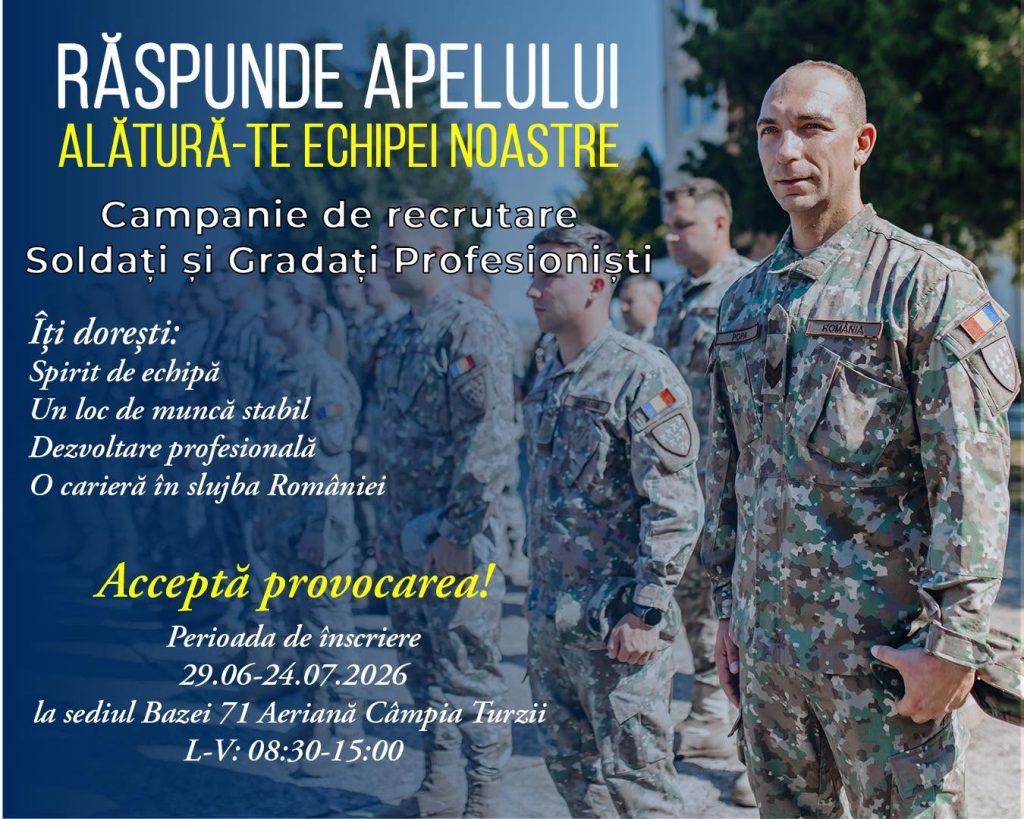 Baza 71 Aeriană din Câmpia Turzii FACE ANGAJĂRI! Se caută soldați gradați profesioniști. Salariu, carieră și uniforma Armatei Române