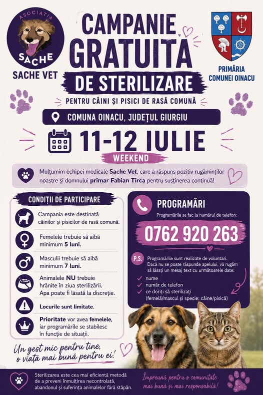 Primăria Oinacu continuă campaniile gratuite de sterilizare a animalelor.