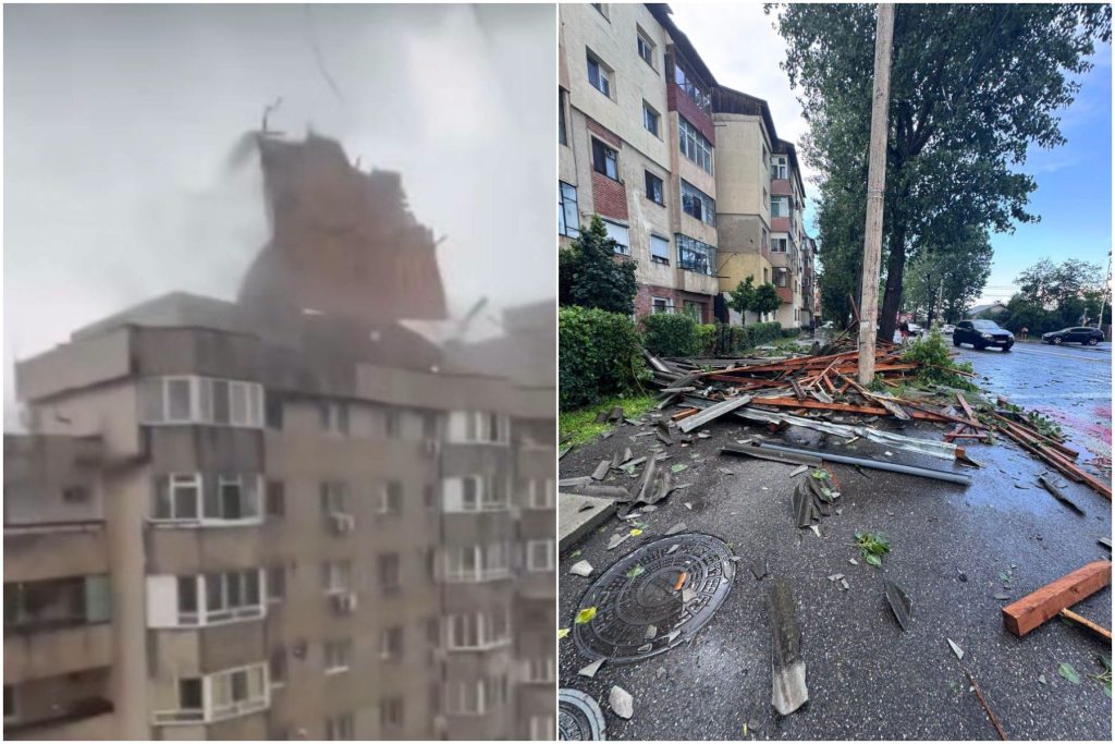 Vijelia a făcut ravagii la Târgoviște: Un acoperiș a fost smuls și a căzut peste un trecător (Foto&Video)