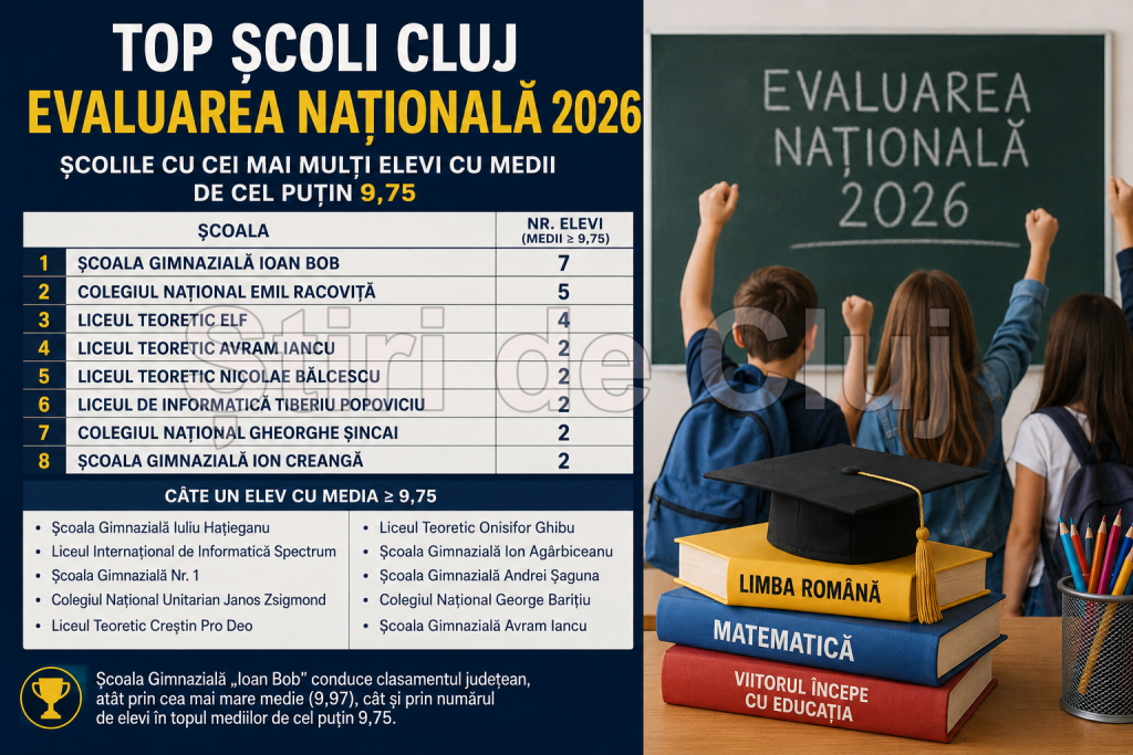 EXCLUSIV. Topul școlilor din Cluj la Evaluarea Națională 2026. Ce școli au cei mai mulți elevi cu medii peste 9,75. Școala Gimnazială „Ioan Bob” conduce