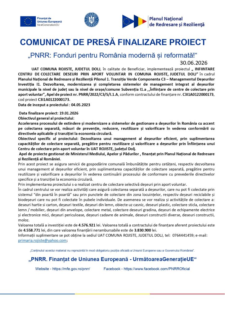 COMUNICAT DE PRESĂ FINALIZARE PROIECT – „PNRR: Fonduri pentru România modernă și reformată!“