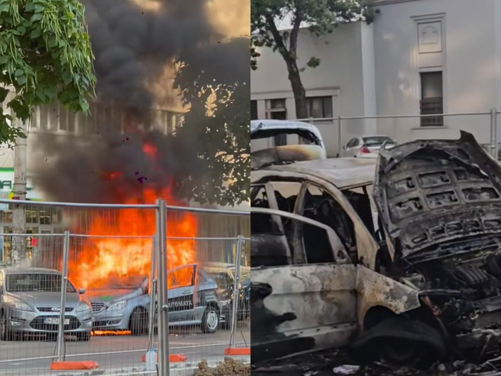 Mașina unei școli de șoferi a ars ca o torță pe bulevardul Ion Mihalache din București, după ce a luat foc în mers