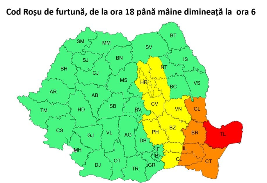 Tulcea sub asediul furtunii! Cod Roșu de la ora 18: vijelii și ploi de peste 120 l/mp