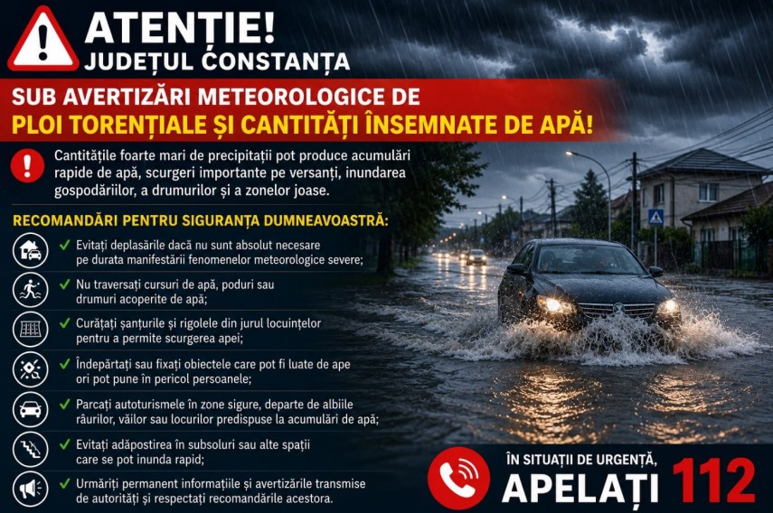 Judetul Constanta, sub Cod Portocaliu de vreme rea! Recomandarile pompierilor ISU Dobrogea pentru populatie