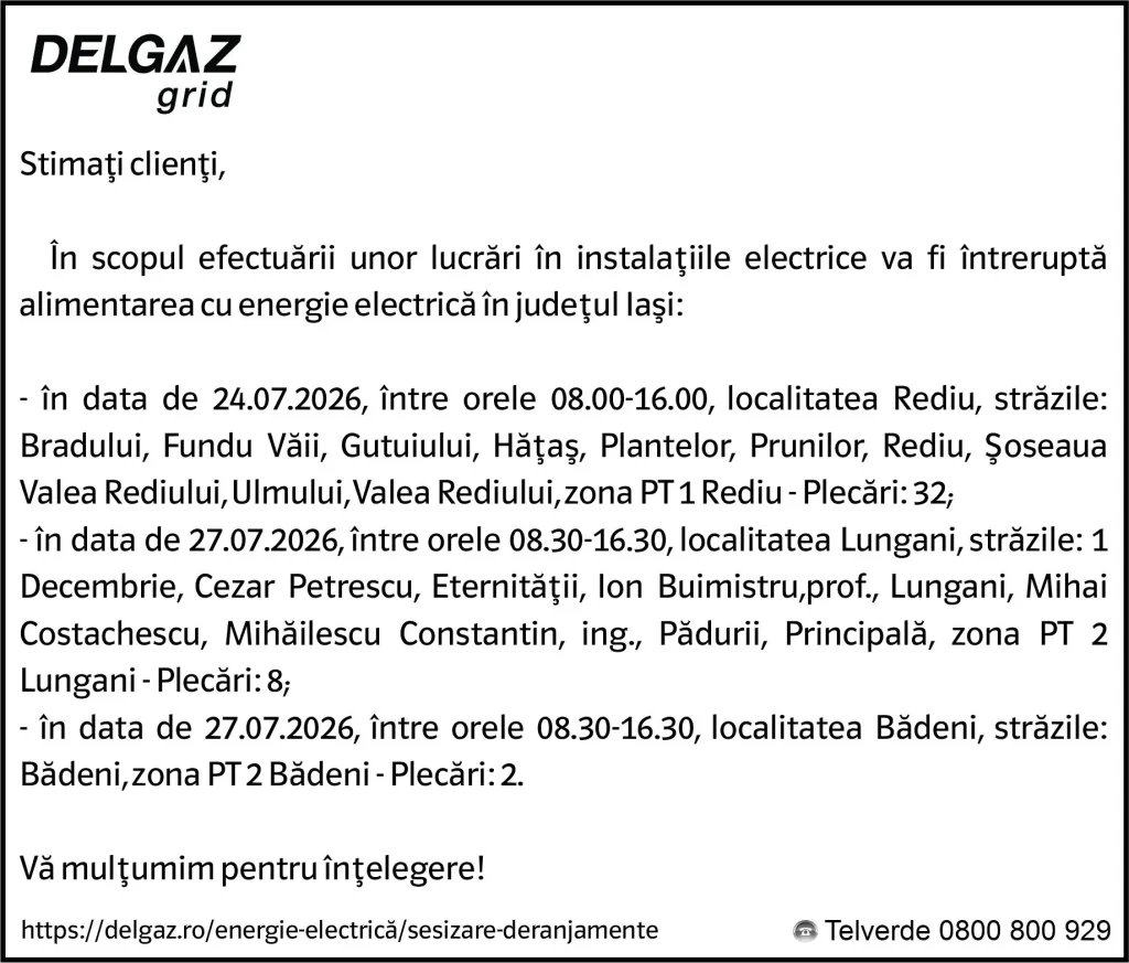 Anunț Delgaz Grid 23 iulie 2026 / 2