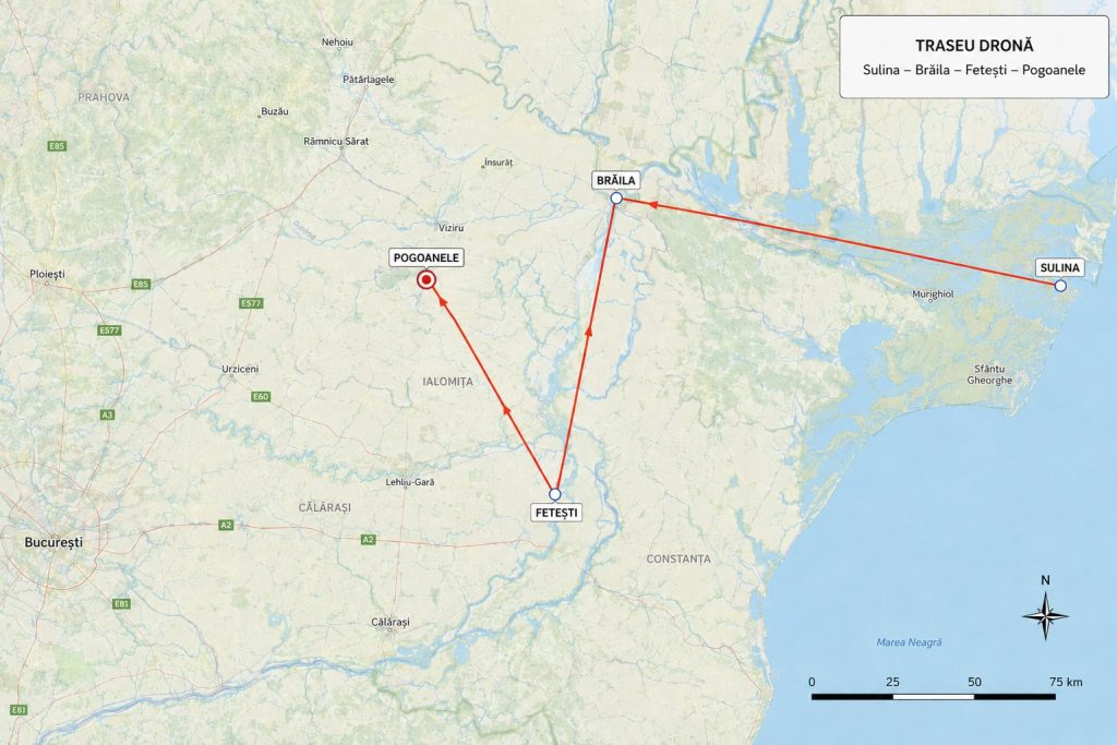 Traseul bizar al dronei doborâte de F-16: a intrat pe la Sulina, a coborât spre Fetești și s-a întors spre Buzău