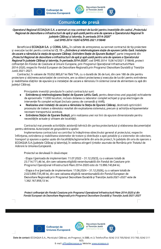 Operatorul regional ECOAQUA S.A. a semnat un nou contract de lucrări pentru investițiile din cadrul ,,Proiectului Regional de dezvoltare a infrastructurii de apă și apă uzată pentru aria de operare a Operatorului Regional în județeleCălărași și Ialomița, 