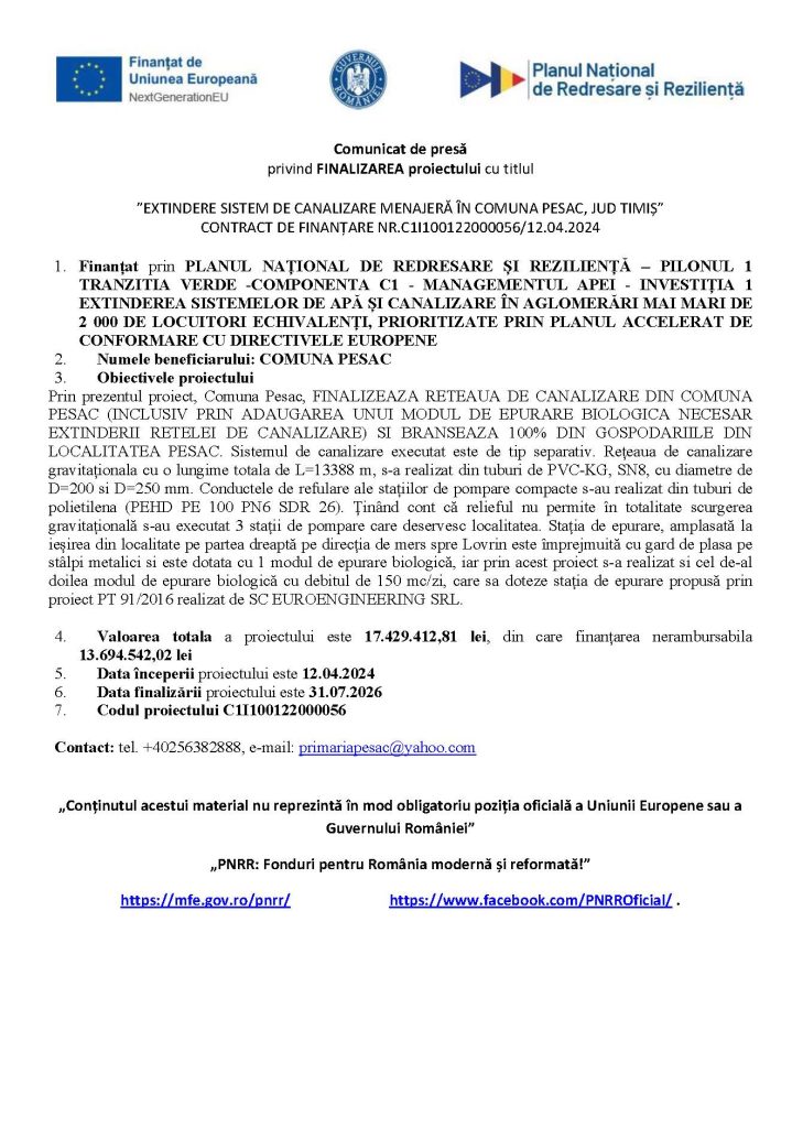 Comunicat de presă  privind FINALIZAREA proiectului cu titlul ”EXTINDERE SISTEM DE CANALIZARE MENAJERĂ ÎN COMUNA PESAC, JUD TIMIȘ”