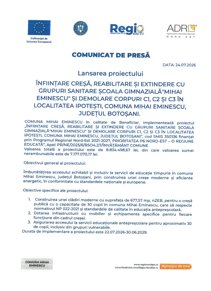 Comuna Mihai Eminescu începe construcția creșei în localitatea Ipotești
