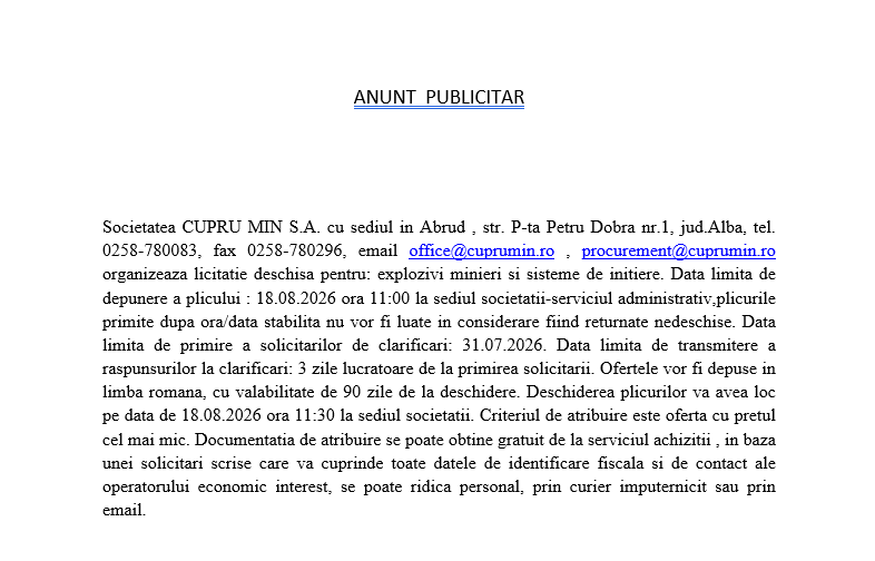Licitatie deschisa pentru: explozivi minieri si sisteme de initiere.
