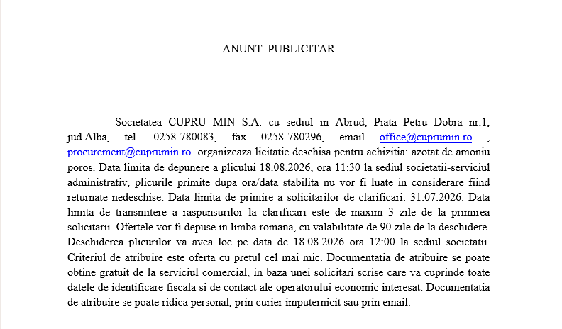 Licitatie deschisa pentru achizitia: azotat de amoniu poros
