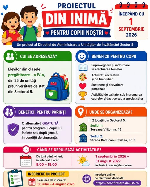 Primăria Sectorului 5: Direcția de Administrare a Unităților de Învățământ Sector 5 organizează proiectul Din inimă pentru copiii noștri