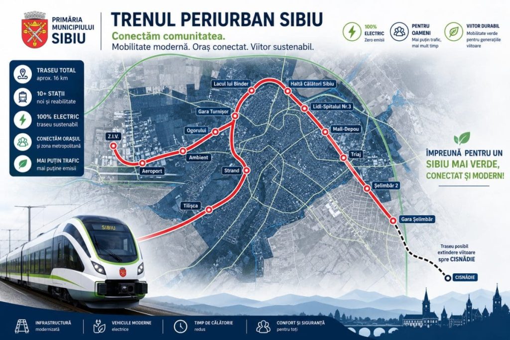 Trenul periurban Sibiu intră în etapa decisivă. Contract de 7,5 milioane de lei pentru proiectarea traseului care va lega Șelimbăr, aeroportul și Zona Industrială Vest