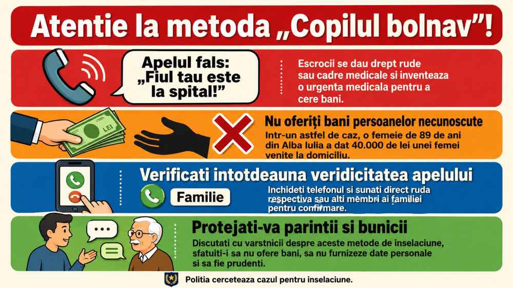 Vârstnică din Alba Iulia, păcălită prin metoda „Copilul bolnav”: a pierdut 40.000 de lei
