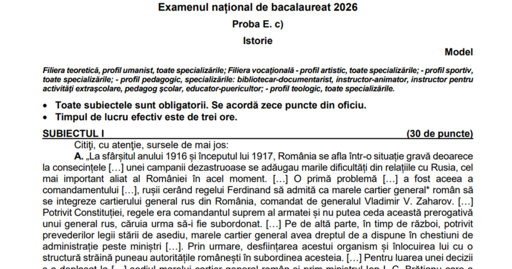 Subiectele și baremul la ISTORIE de la Bac 2026 au fost publicate pe WOWbiz.ro!