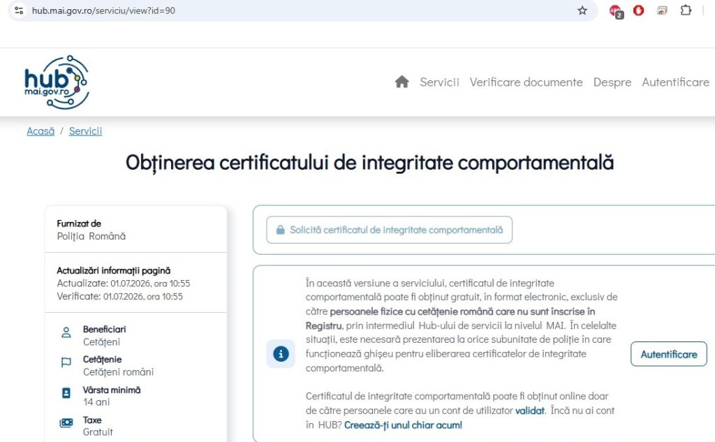 Certificatul de integritate comportamentală poate fi obținut online, prin hub-ul de servicii al MAI