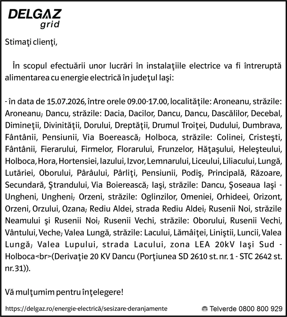 Anunț Delgaz Grid 13 iulie 2026 / 3