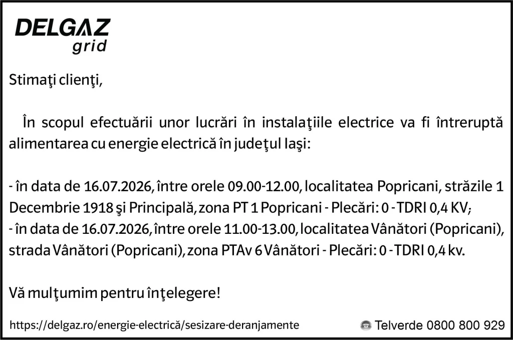Anunț Delgaz Grid 15 iulie 2026 / 2