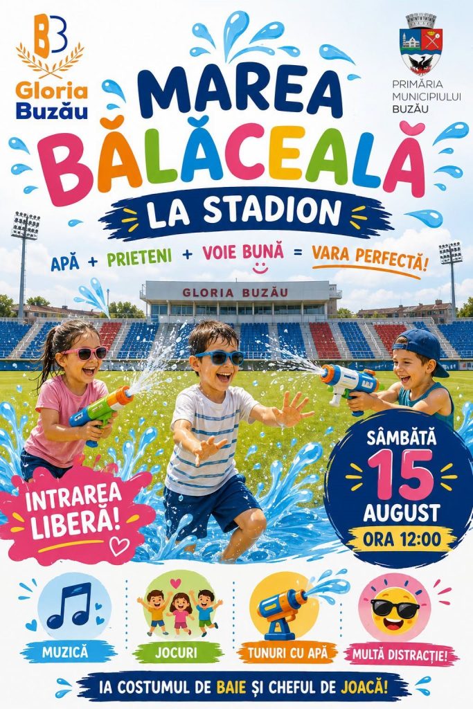 „Aveți pistoale cu apă? Aduceți-le!”. Marea Bălăceală pe stadionul Gloria, sâmbătă, 15 august