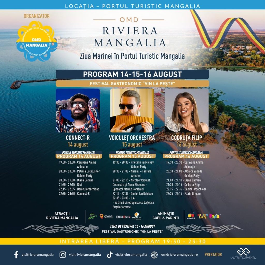 Riviera Mangalia aduce trei seri de distracție în Portul Turistic: concerte, Ziua Marinei și Festivalul Gastronomic „Vin la Pește”, în 14-15-16 august