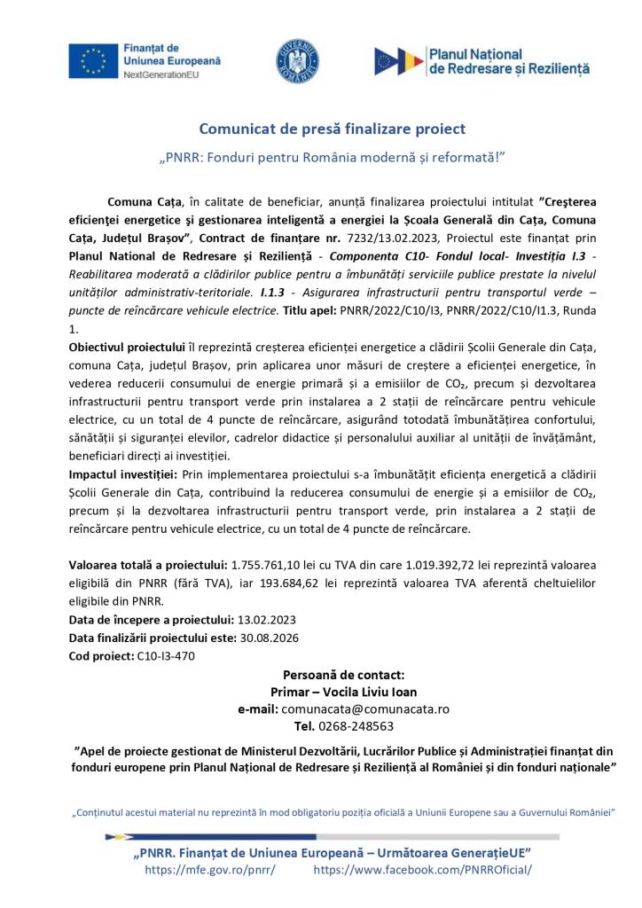 Comunicat de presă finalizare proiect: „PNRR: Fonduri pentru România modernă și reformată!”