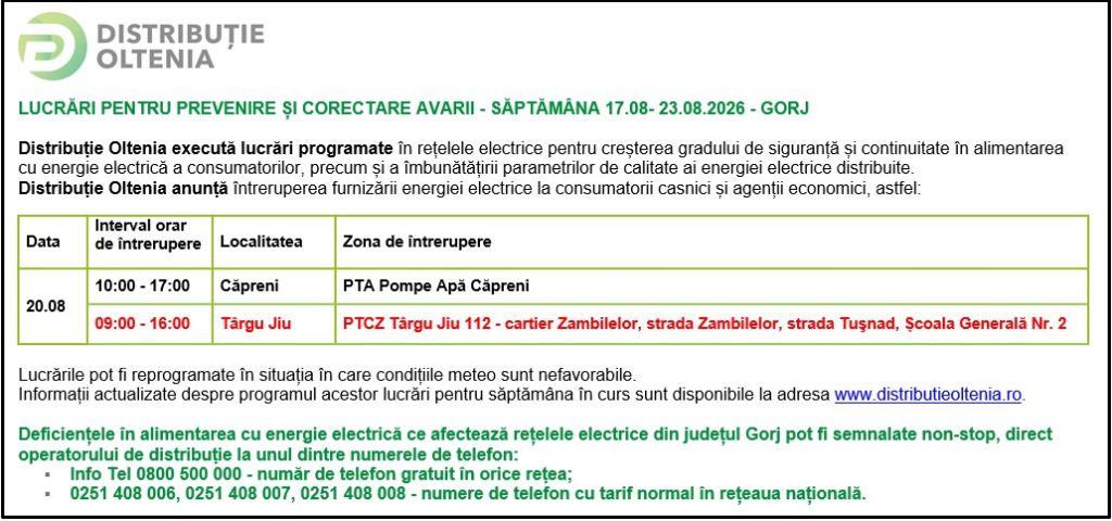 Distribuţie Oltenia anunţă modificări ale programului de întrerupere a furnizării energiei electrice din data de 20.08.2026