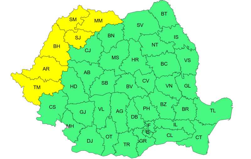 Cod galben de temperaturi ridicate și disconfort termic, duminică, în șase județe din vestul țării