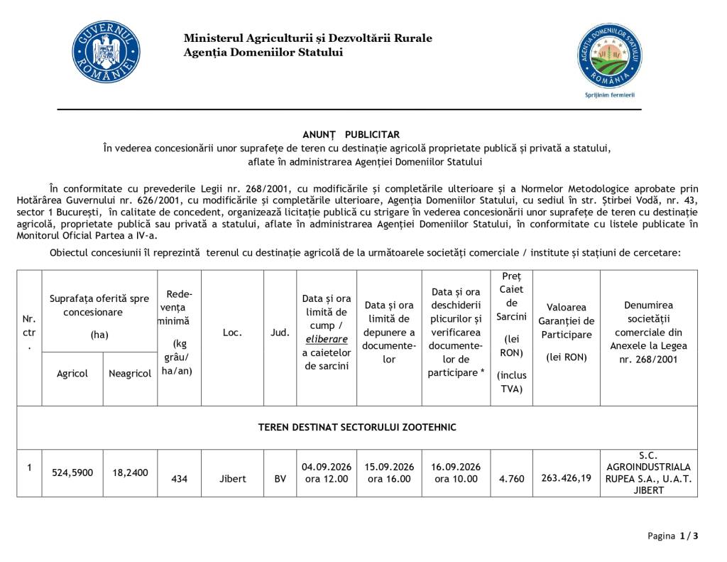 Agenția Domeniilor Statului – Anunț publicitar