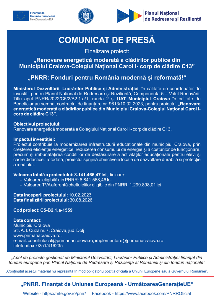 „Renovare energetică moderată a clădirilor publice din Municipiul Craiova-Colegiul Național Carol I- corp de clădire C13”