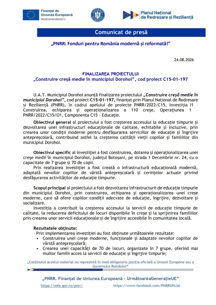 PNRR: A fost finalizat proiectul ”Asigurarea infrastructurii pentru transport verde – piste pentru biciclete în Orașul Darabani”