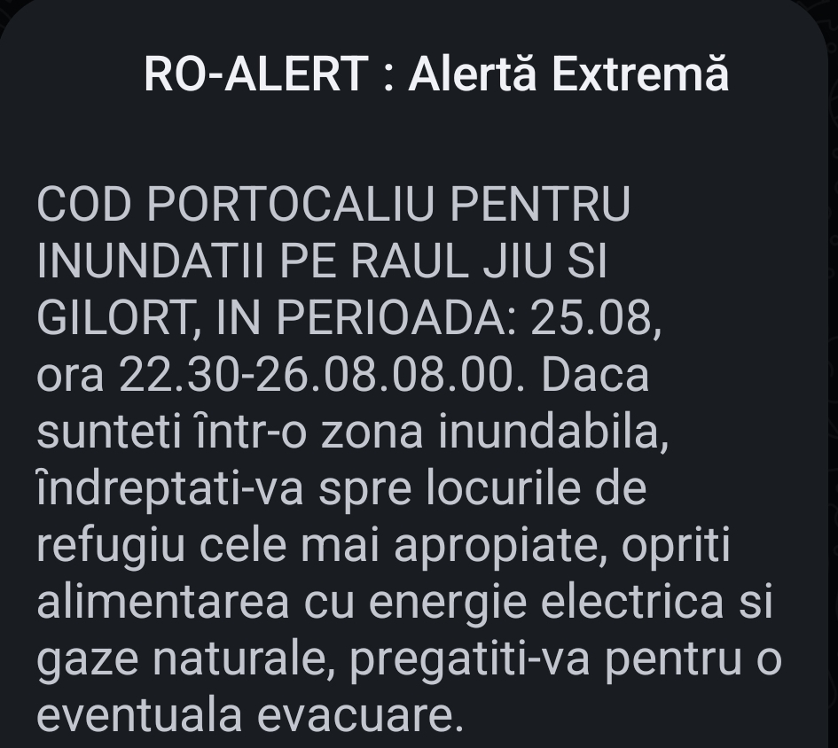 Mesaj RO Alert de inundații pe râurile Gilort și Jiu