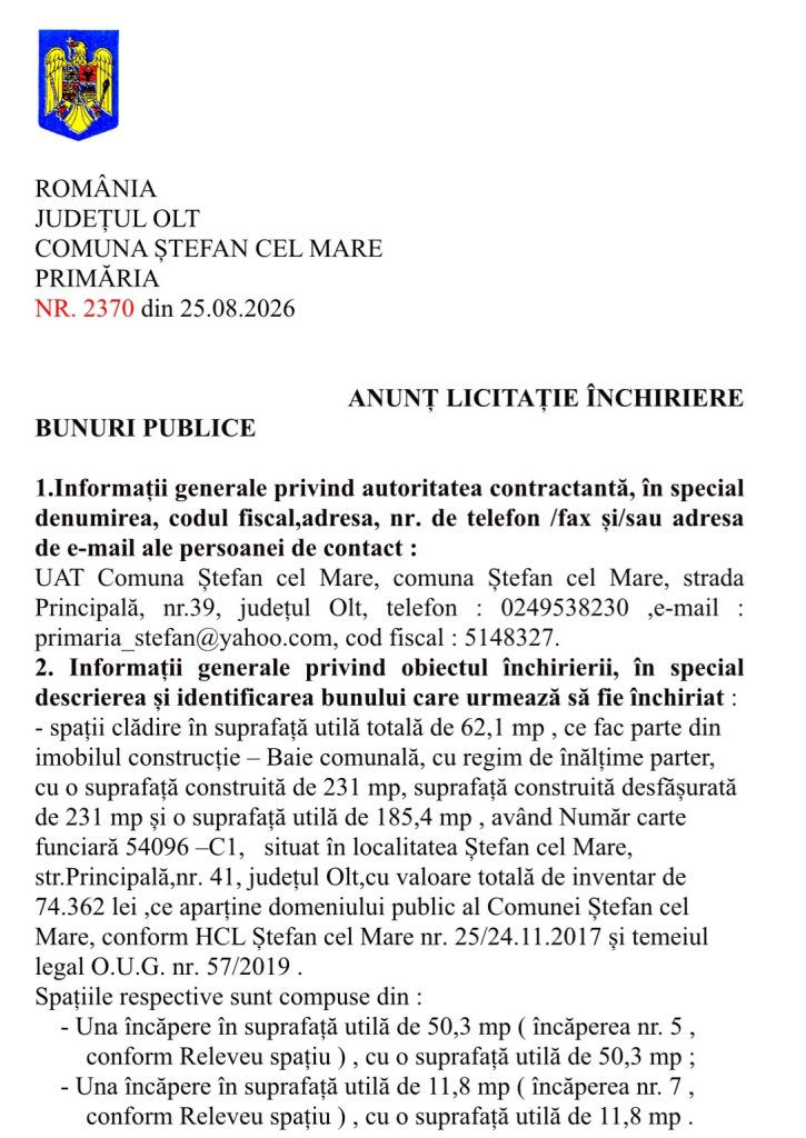 ANUNȚ LICITAȚIE ÎNCHIRIERE BUNURI PUBLICE