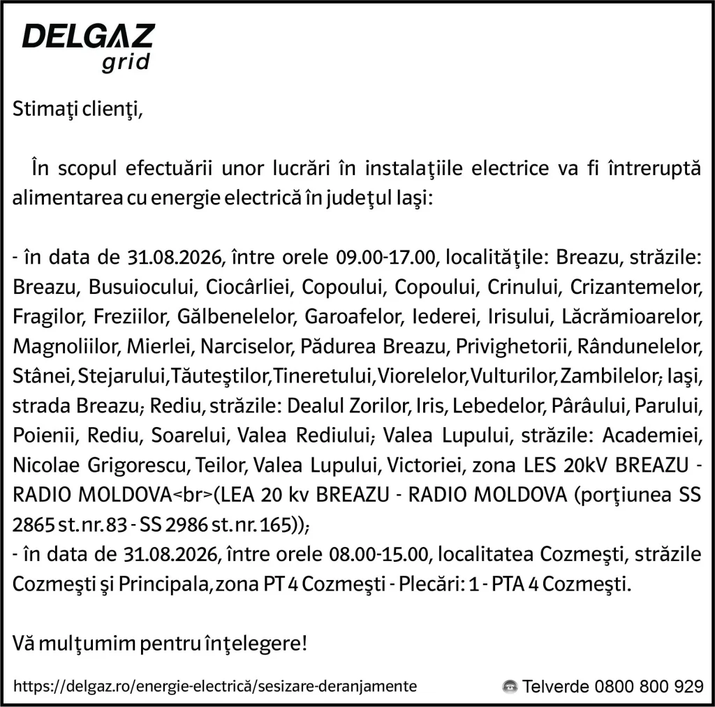 Anunț Delgaz Grid 27 august 2026 / 1
