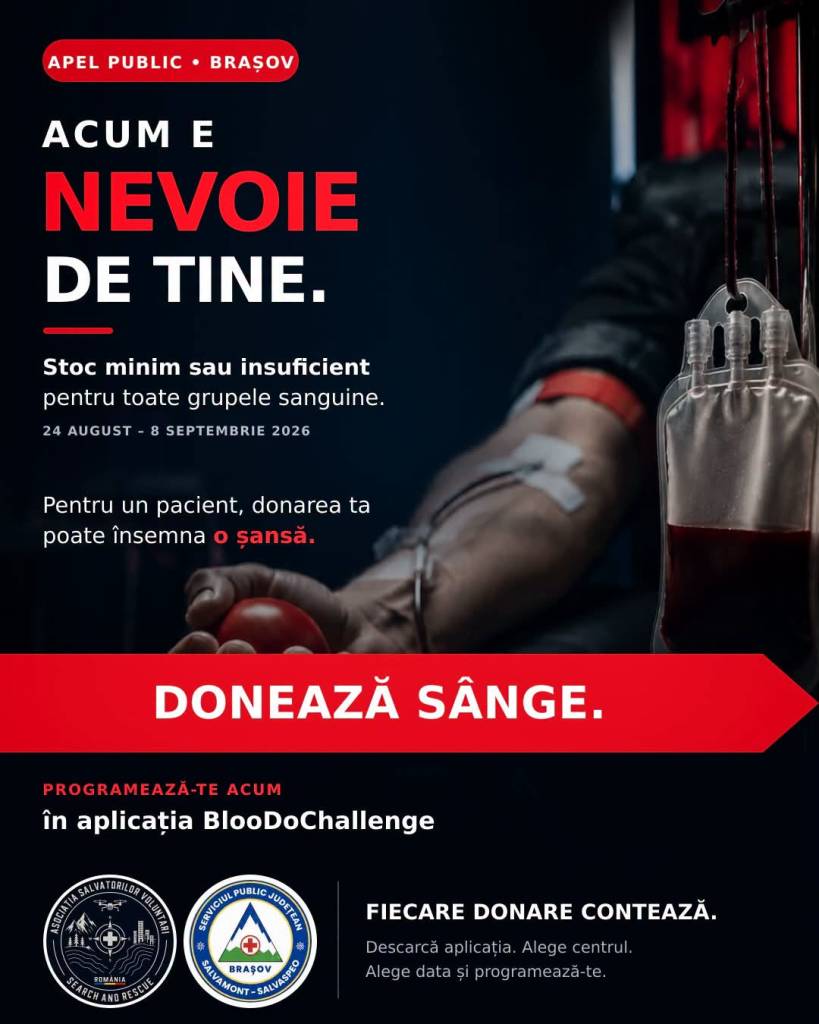 Apel pentru donare de sânge la Brașov. Stocurile sunt la nivel minim sau insuficient