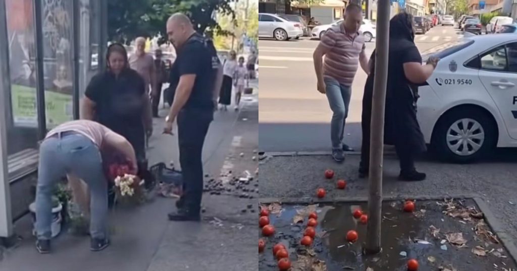 Scene revoltătoare în Sectorul 1 din Capitală! O bătrânică a fost umilită de un polițist local, care i-a aruncat pe jos toate florile și fructele de vânzare