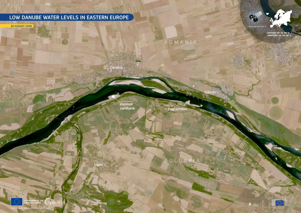 Dunărea văzută din spațiu / ”În albia râului se pot observa bancuri de nisip întinse, expuse la suprafață”